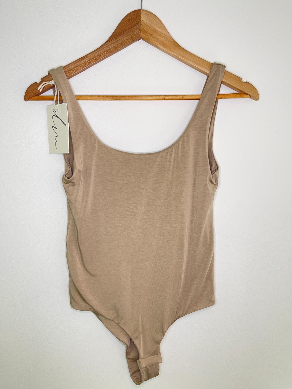sustainable low back bodysuit in camel nude