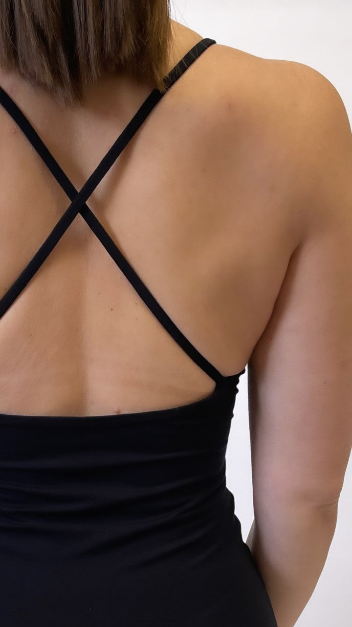 sustainable cross back bodysuit in black