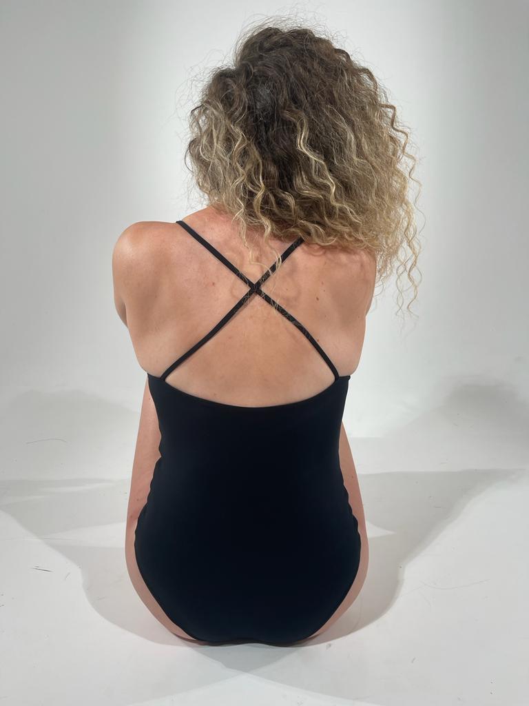 sustainable cross back bodysuit in black