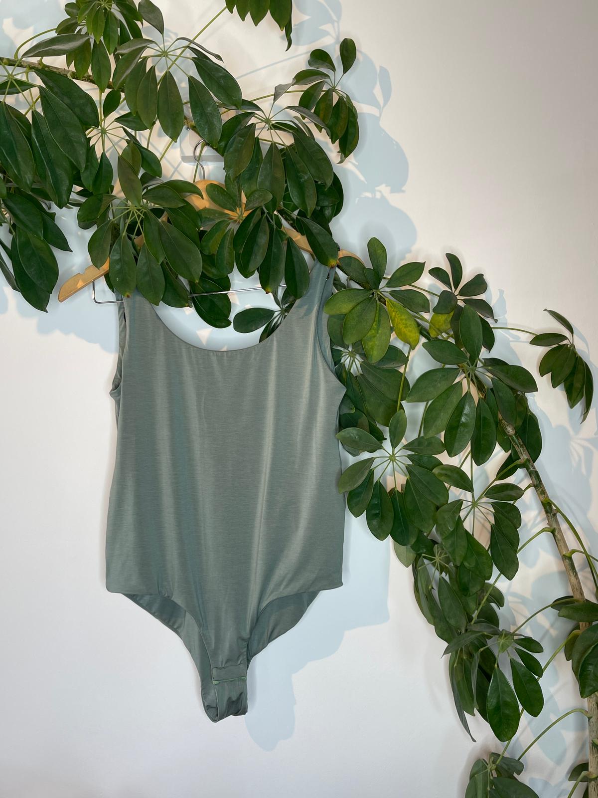 sustainable low back bodysuit in khaki green