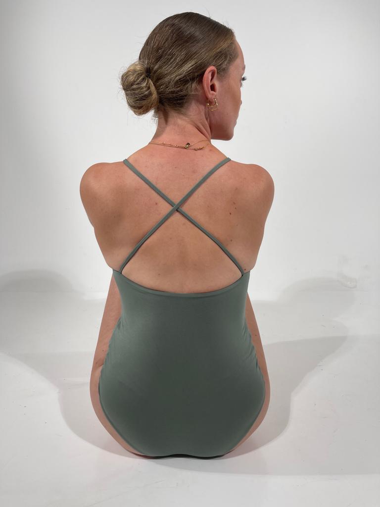 sustainable cross back bodysuit in khaki green