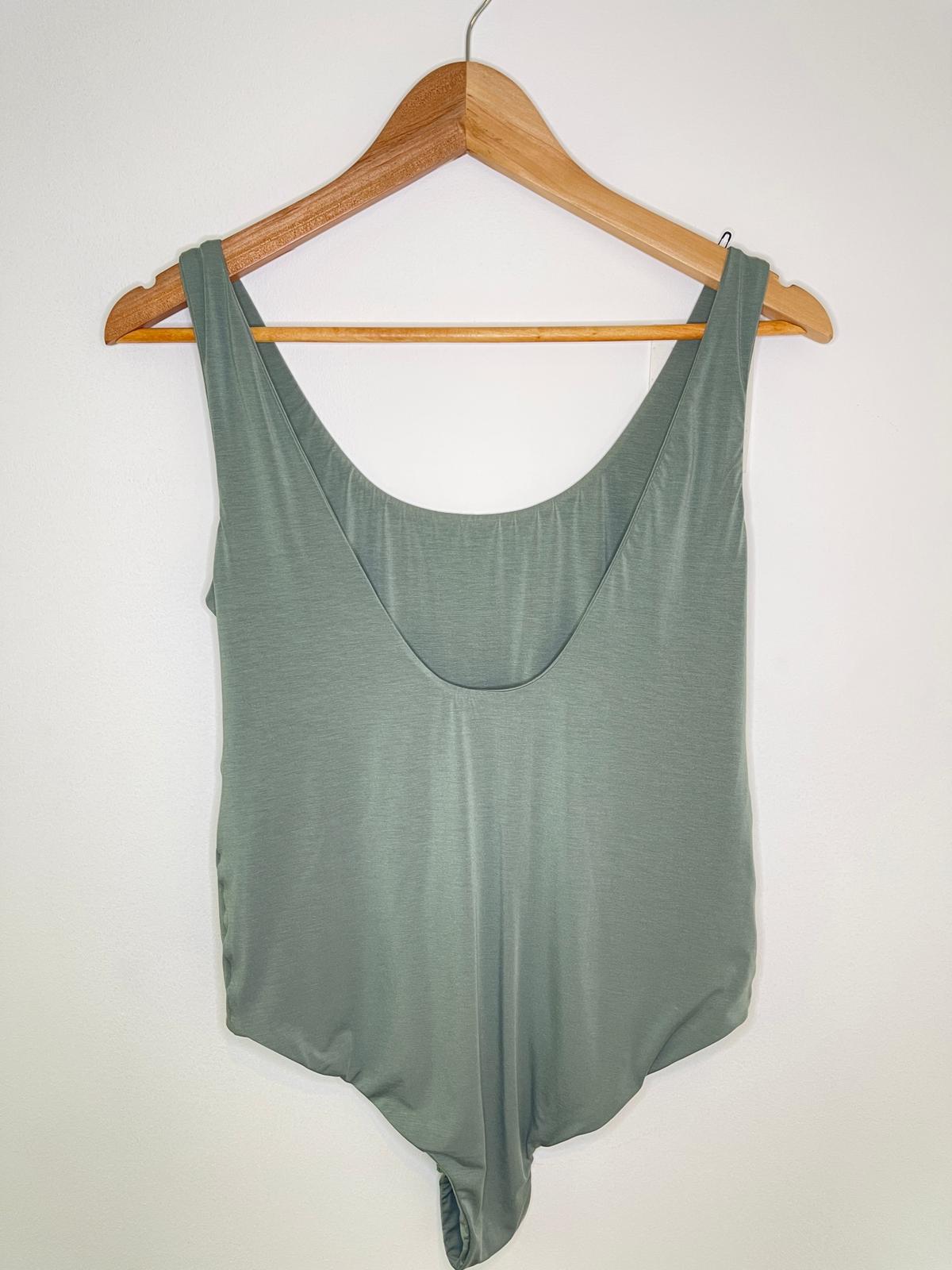 sustainable low back bodysuit in khaki green